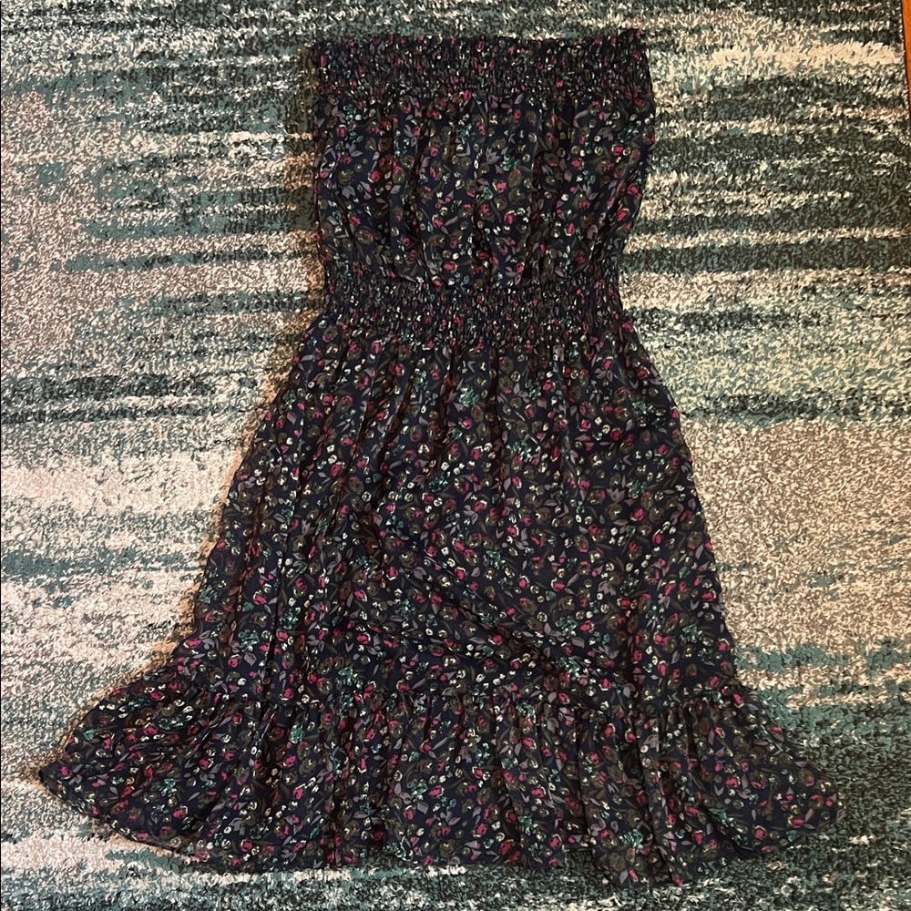Elegant Strapless Floral Dress - Navy Blue and Pink